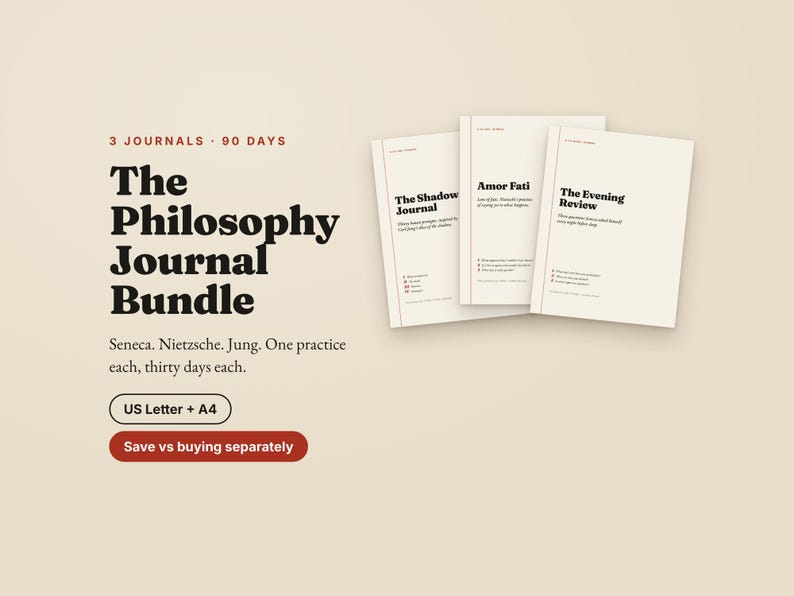 May include: A set of three journals titled The Philosophy Journal Bundle, featuring The Shadow Journal, Amor Fati, and The Evening Review. The text includes 3 JOURNALS 90 DAYS, Seneca, Nietzsche, Jung, US Letter + A4, and Save vs buying separately.