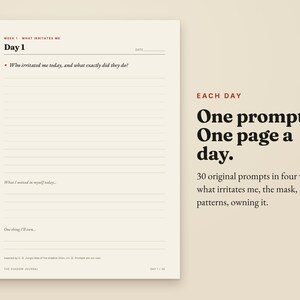 May include: A journal page titled Day 1 with lines for writing, featuring the prompt Who irritated me today, and what exactly did they do? Beside it, text reads: Each day. One prompt. One page a day. 30 original prompts in four weeks.