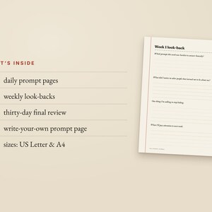 May include: A journal page titled Week 1 look-back with lined sections for reflection. Text lists contents: 30 daily prompt pages, 4 weekly look-backs, 1 thirty-day final review, 1 write-your-own prompt page, and 2 sizes: US Letter & A4.