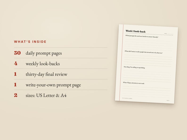 May include: A journal page titled Week 1 look-back with lined sections for reflection. Text lists contents: 30 daily prompt pages, 4 weekly look-backs, 1 thirty-day final review, 1 write-your-own prompt page, and 2 sizes: US Letter & A4.