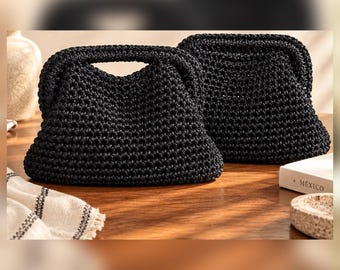 Bolso de mano de crochet negro, bolso estructurado con asa superior o correa de cadena, hecho a mano, bolsa tejida negra, hecho a medida