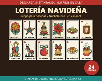 Lotería Navideña Imprimible, Juego de Lotería Mexicana para Posada, 10 Tablas y 24 Cartas, Mexican Christmas Bingo en Español