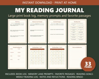 Diario de lectura imprimible con letra grande para personas mayores, registro de libros y seguimiento de lectura, recordatorios de lectura, bingo de lectura, regalo para amantes de los libros en formato PDF.