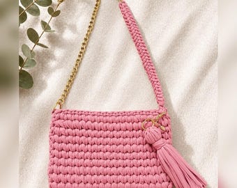 Bolso de hombro rosa de ganchillo con cadena y borla doradas, bolso de punto hecho a mano, bolsa rosa de ganchillo, hecho a pedido