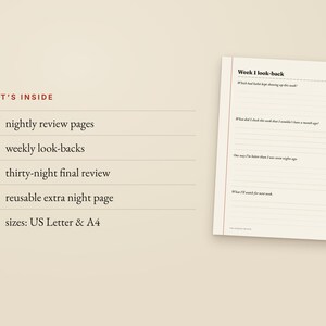 K&ouml;nnte beinhalten: Eine digitale Planerseite mit dem Titel Week 1 look-back und linierten Bereichen. Der Text listet 30 n&auml;chtliche &Uuml;berpr&uuml;fungsseiten, 4 w&ouml;chentliche R&uuml;ckblicke, 1 drei&szlig;ig-N&auml;chte-Abschlussbericht, 1 wiederverwendbare Extraseite und 2 Formate: US Letter & A4.