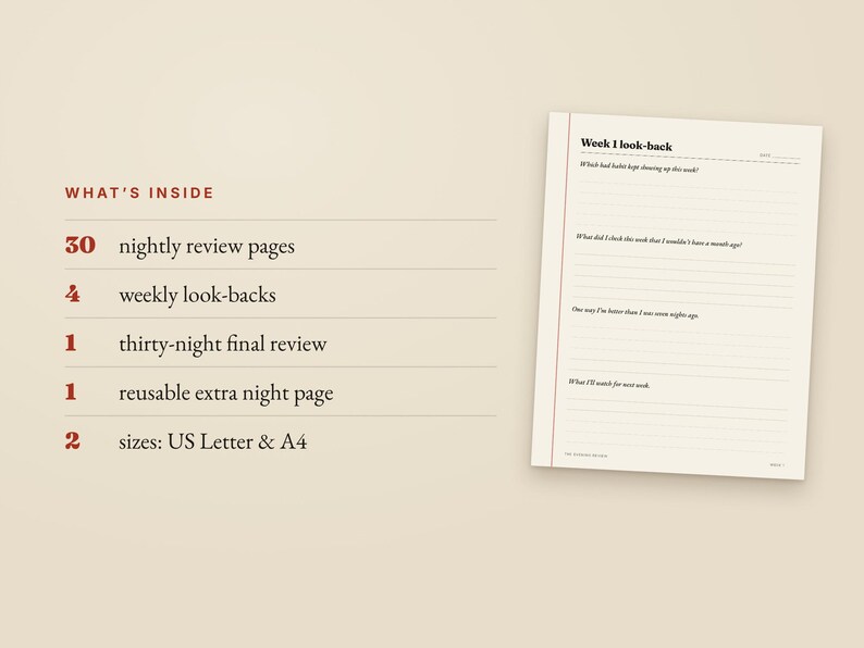 K&ouml;nnte beinhalten: Eine digitale Planerseite mit dem Titel Week 1 look-back und linierten Bereichen. Der Text listet 30 n&auml;chtliche &Uuml;berpr&uuml;fungsseiten, 4 w&ouml;chentliche R&uuml;ckblicke, 1 drei&szlig;ig-N&auml;chte-Abschlussbericht, 1 wiederverwendbare Extraseite und 2 Formate: US Letter & A4.