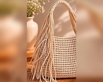 Bolso de hombro con flecos de crochet, bolso tejido a mano estilo boho natural, hecho a medida en México