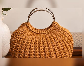 Bolso de mano de ganchillo color camel con asas redondas, de metal o bambú, bolso tejido a mano, hecho a medida.
