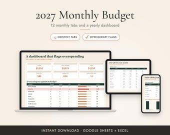 Planificador de presupuesto mensual 2027 con hoja de cálculo, panel de control, Google Sheets y Excel