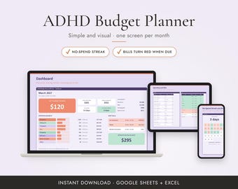 Planificador de presupuesto para personas con TDAH: presupuesto mensual visual y sencillo para Google Sheets y Excel.