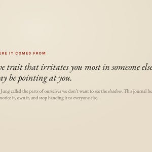 May include: A cream-colored page featuring the red text WHERE IT COMES FROM, followed by the black text: The trait that irritates you most in someone else may be pointing at you. Carl Jung called the parts of ourselves we don't want to see the shadow. This journal helps you notice it, own it, and stop handing it to everyone else.