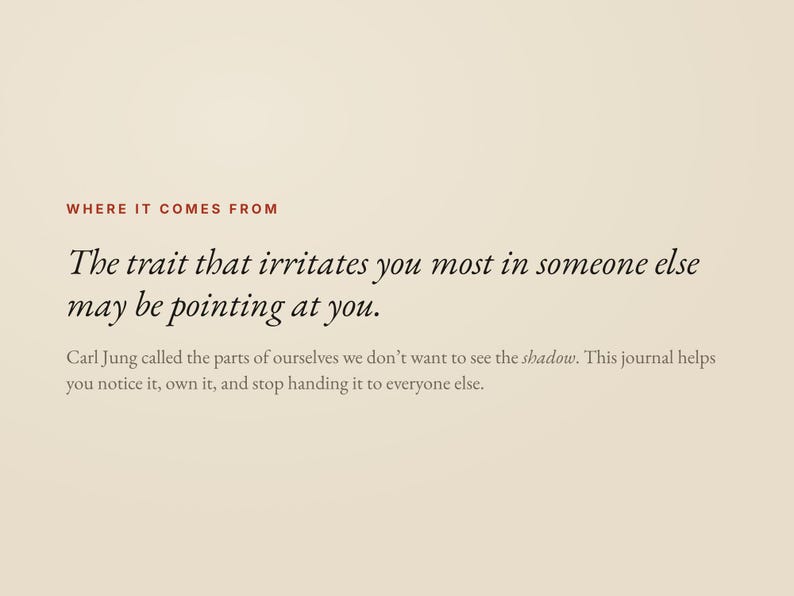 May include: A cream-colored page featuring the red text WHERE IT COMES FROM, followed by the black text: The trait that irritates you most in someone else may be pointing at you. Carl Jung called the parts of ourselves we don't want to see the shadow. This journal helps you notice it, own it, and stop handing it to everyone else.