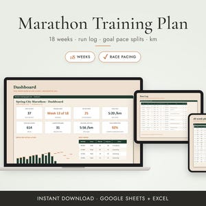 Running Planner, Marathon Training Plan Spreadsheet in km, 18 Week Run Log, Google Sheets