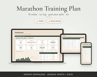 Planificador de carreras, hoja de cálculo para el plan de entrenamiento de maratón en km, registro de carreras de 18 semanas, Google Sheets