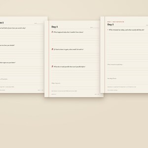 May include: Three cream-colored journal pages with dark red text and lines. The pages are titled Night 1 and Day 1, featuring numbered prompts such as What habit of yours have you saved today, What happened today that I wouldn't have chosen, and Who irritated me today.
