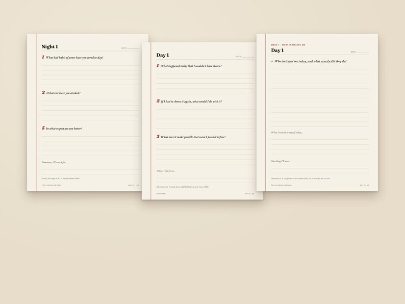 May include: Three cream-colored journal pages with dark red text and lines. The pages are titled Night 1 and Day 1, featuring numbered prompts such as What habit of yours have you saved today, What happened today that I wouldn't have chosen, and Who irritated me today.
