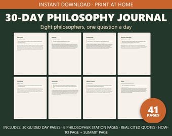 Diario de filosofía estoica imprimible, diario guiado de 30 días, preguntas sobre Marco Aurelio, Séneca y Nietzsche, diario para la autorreflexión y el desarrollo personal.