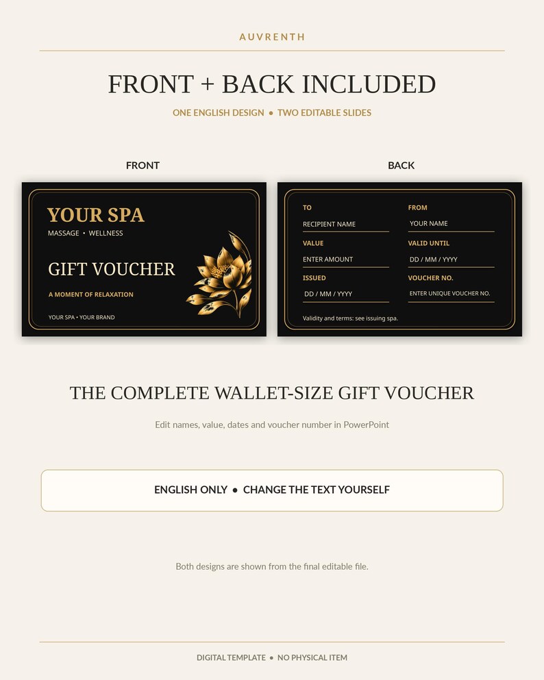 Editable Spa Gift Voucher Template | English Only | Black Gold Gift ...