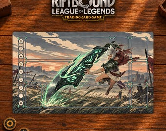 May include: A rectangular playmat for the Riftbound League of Legends trading card game featuring a white-haired character wielding a large glowing green sword. The mat includes a numbered grid from zero to eight over a battlefield landscape.