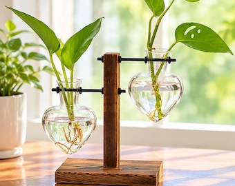 Plant Propagation Station, Wooden Plant Stand with 2 Heart Shaped Glass Vases, Plant Cutting Holder, Home Office Decor Gift