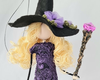 Witch doll Halloween witch decoration doll, hanging doll black witch blonde black and purple Halloween Witch doll ornament, Halloween gift