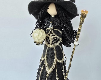 Handmade witch doll 6", Halloween doll, fairy witch doll, hanging doll black witch, black and gold Halloween Witch doll , Halloween gift