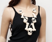 Needle felted necklace with skull and bones, halloween necklace, handmade felted wool, ready to ship