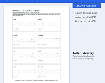 2D Shapes Worksheets | Trace Colour and Name 8 Shapes Printable A4 | Preschool Kindergarten Shape Recognition | Instant Download