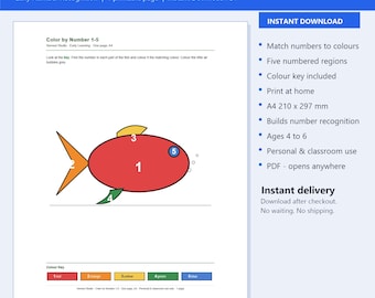 May include: A printable Color by Number 1-5 fish worksheet on an A4 page. The fish outline features numbered sections 1 through 5 corresponding to a color key at the bottom. The text reads Color by Number 1-5 - Fish and includes instructions.