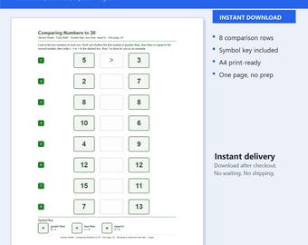 Comparing Numbers to 20 Worksheets | Greater Than Less Than Equal To Kindergarten Printable A4 | Instant Download