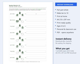 Number Bonds to 10 Worksheet Part Part Whole Practice | Kindergarten Math Printable A4 PDF