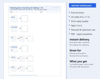 May include: A printable PDF worksheet titled Kindergarten Counting & Adding 1-10, featuring six math problems with dot grids and empty boxes for answers. The page includes fields for name and date, measuring 8.5 by 11 inches for US Letter.