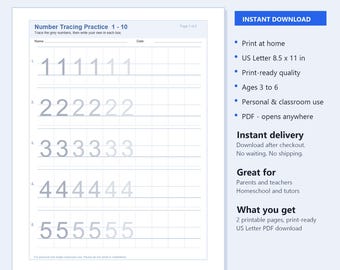 May include: A printable number tracing practice sheet for numbers 1 through 10, featuring rows of grey numbers for tracing and empty boxes for writing. The document is formatted for US Letter 8.5 x 11 inch paper and includes fields for name and date.