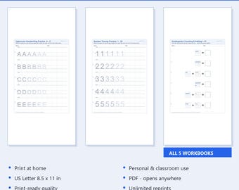 May include: A Kindergarten Ready Bundle digital product featuring 5 workbooks and 20 printable pages. The image displays three sample worksheets for uppercase handwriting, number tracing 1-20, and counting and adding 1-10 on US Letter 8.5 x 11 in paper.