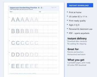 May include: A digital printable practice sheet for uppercase handwriting featuring the letters A through E in grey, with lines for tracing and writing. The document includes fields for name and date, and measures 8.5 by 11 inches.