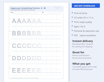 May include: A printable PDF practice sheet for uppercase handwriting featuring letters A through E in grey, with lines for tracing and writing. The document is sized for 8.5 x 11 inch US Letter paper and includes fields for name and date.