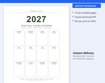 2027 Calendar Printable | Wall & Desk Calendar Year Planner A4 | 12 Monthly Grids Monday Start
