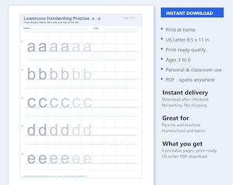 May include: A digital printable practice sheet for lowercase letters a-z, featuring rows for tracing and writing. The document includes fields for name and date, with a layout of 8.5 x 11 inches. The text reads Lowercase Letters a-z.