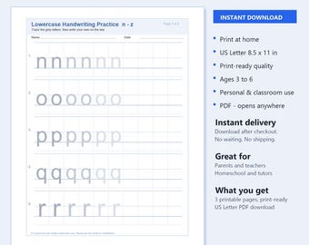 May include: A digital printable practice sheet for lowercase handwriting featuring the letters n through z. The document includes lines for tracing and writing, with the text Lowercase Handwriting Practice n-z and US Letter 8.5 x 11 in.
