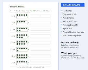 Subtraction Within 10 Worksheet Ten Frame Practice | Kindergarten Take Away Printable A4 Math PDF