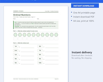 Ordinal Numbers Worksheet 1st to 10th Printable | First to Tenth Position and Order Practice A4 | Instant Download
