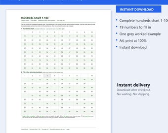 Hundreds Chart 1-100 Printable | Fill In Missing Numbers Worksheet A4 | Number Sense Practice | Instant Download