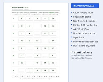 Missing Numbers 1-20 Worksheets | Kindergarten Count Forward Practice Printable A4 | Instant Download
