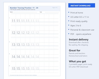 May include: A printable number tracing practice sheet in PDF format, featuring rows of grey numbers 11 through 15 for students to trace, with blank boxes for writing, a name and date line, and US Letter 8.5 x 11 inch dimensions.
