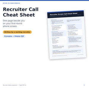 Op de afbeelding: Een digitaal Recruiter Call Cheat Sheet document met secties voor sollicitatievoorbereiding, waaronder Before the Call, Your 60-Second Introduction, Proof Structure, Practical Alignment, During the Call en Closing the Call.