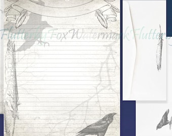 Raven Stationery Set | Grey Writing Paper | Crow Envelope | Enchanted Forest Paper | Gothic Stationery | Letter Paper | Journal Paper Set