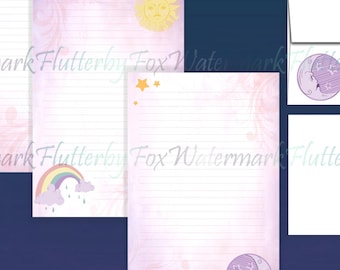 Whimsical Sky Half Sheet Stationery Set | Nostalgic Sun and Moon Writing Paper | Sky Stationery | Rainbow Stationery | Moon Letter Paper