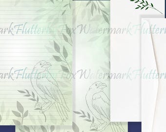 Green Raven Stationery Set | Raven Writing Paper | Green Witch Stationery | Raven Letter Paper | Woodland Paper Set | Crow Stationery Paper