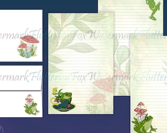 Frogs In the Garden Stationery Set | Mushroom Frog Writing Paper | Half Sheet Stationery Set | Frog Letter Paper