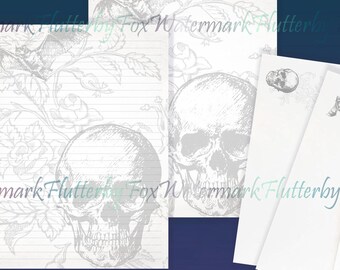 Papelería de jardín embrujado / Papel de murciélago y calavera / Papel de escritura gótico / Páginas de Halloween / Papel de calavera floral / Papel de carta de murciélago